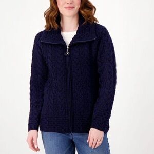 Aran Crafts Irish 100% Merino Wool Full Zip Cable Knit Navy Blue Cardigan Latge
